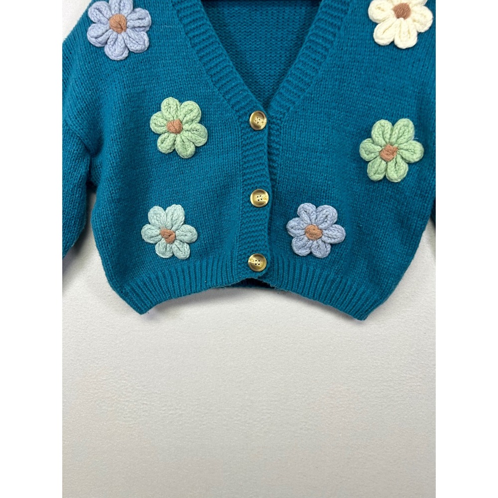 Cottagecore Debut Women XS Teal Blue 3D Floral Crochet Chunky Cropped Cardigan - Picture 8 of 9